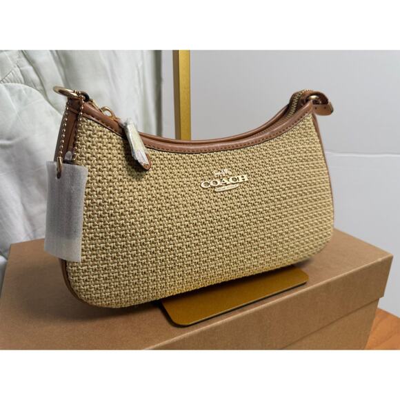 NWOT Coach Straw Woven Shoulder Bag Tan Leather Trim Gold Hardware – Style C2550 - Picture 3 of 13